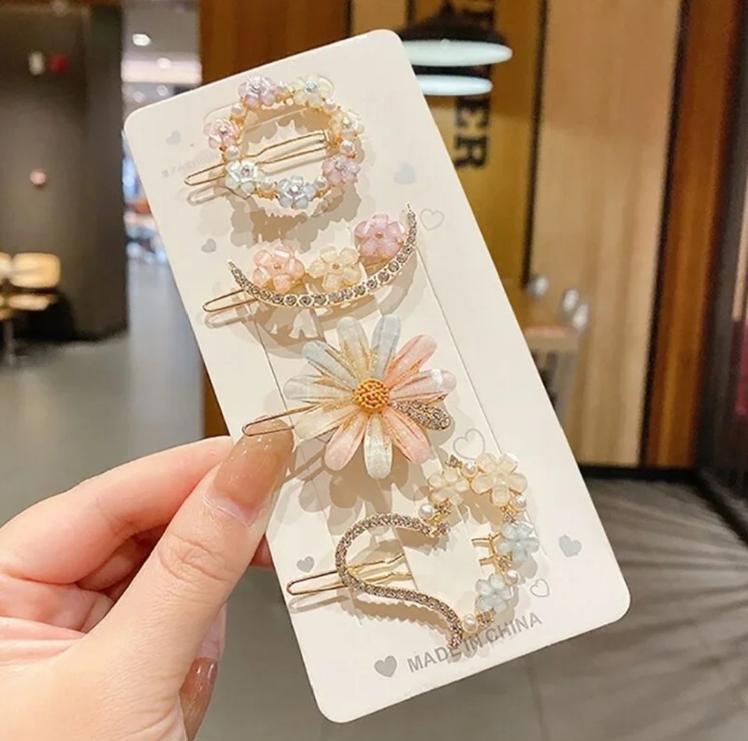 4 pins Korean Style Jewelry Headwear Luxury Party Wedding Geometric Clip Crystal Flower Hairpin Rhinestone Flower Pearl Hairpin Side Clip