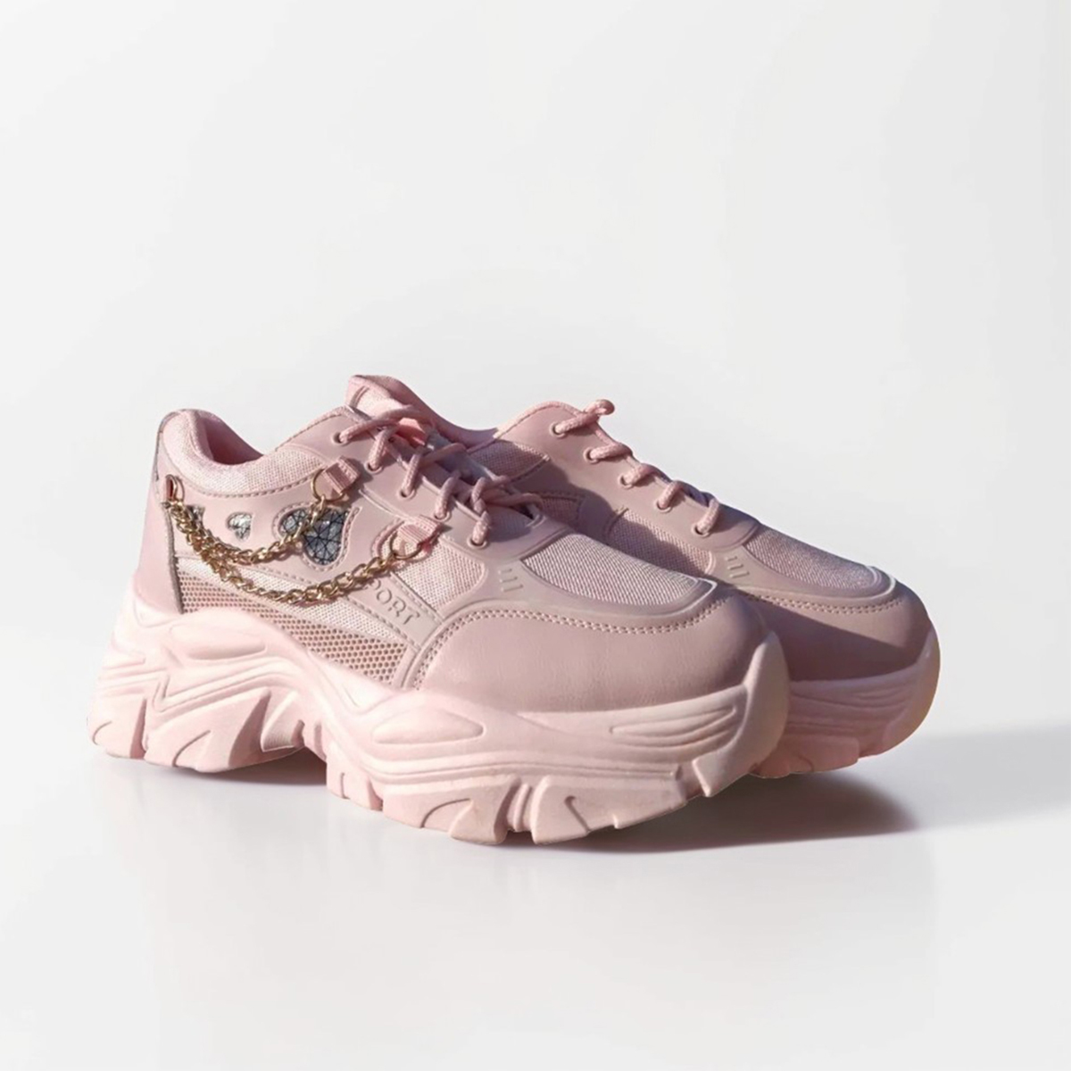 Pink Chunky Sneakers with Golden Chain for Women – High Sole