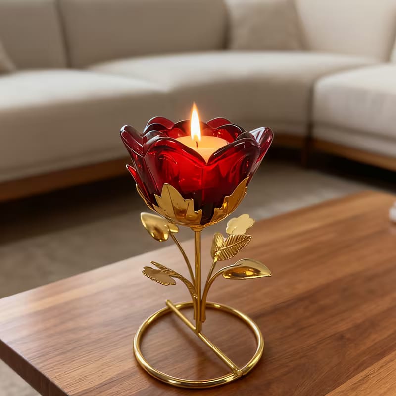 Crystal Rose Candle Holder with Golden Metal Stand