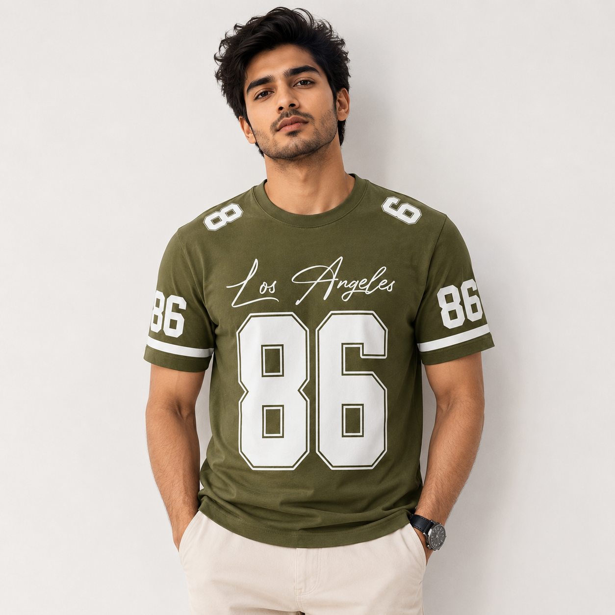Men’s Olive Green Los Angeles 86 Printed Half Sleeve Oversized T-Shirt