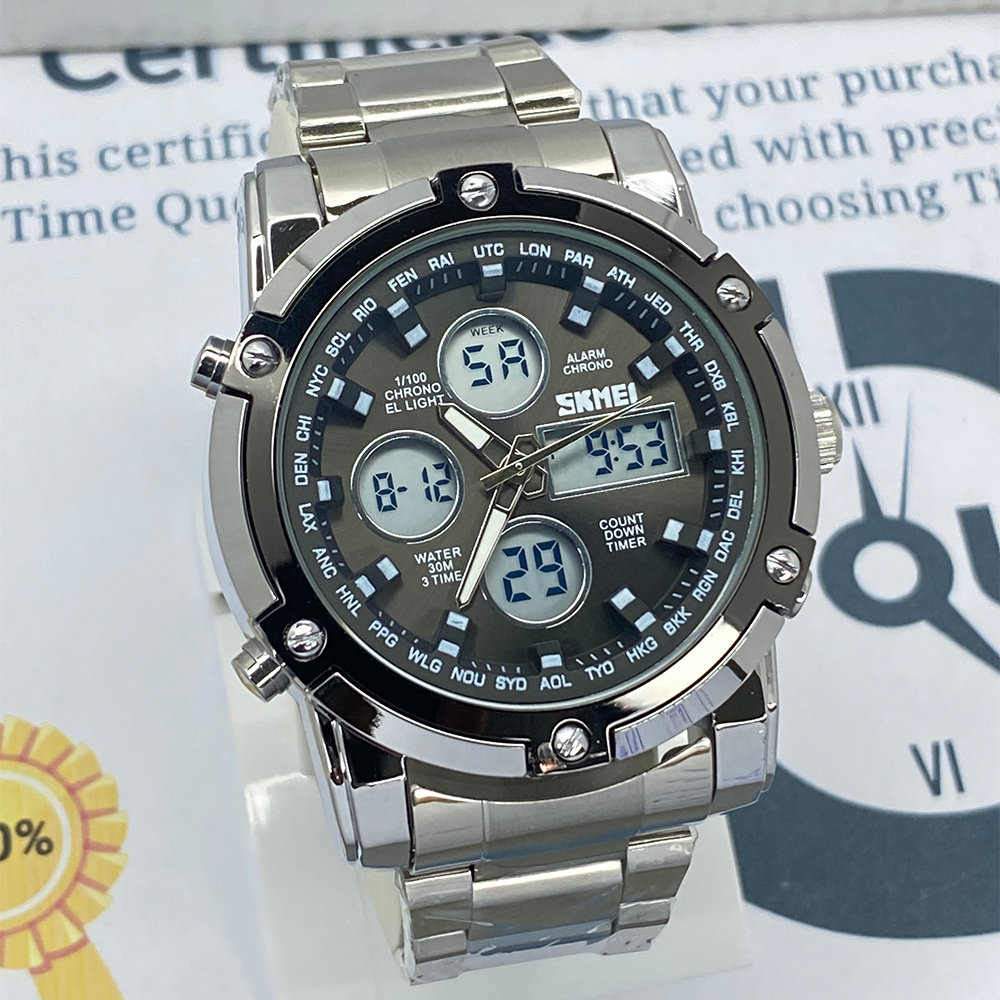 SMK 1389 Dual Time Chain Watch with Analog-Digital Display Stainless Steel Case Waterproof Alarm Stopwatch & LED Light for Men