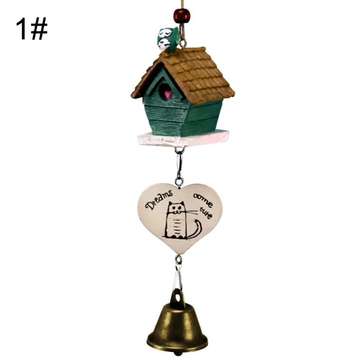 Resin Bird House Wind Chime Copper Bell Crafts Garden Outdoor Hanging Decor