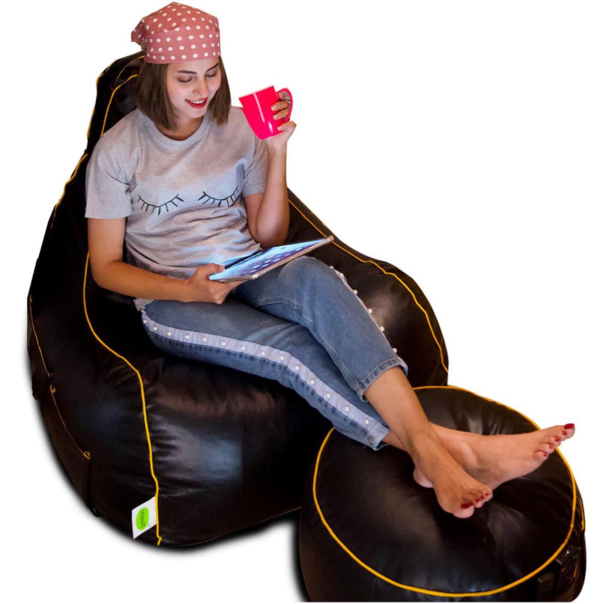 Relaxsit Gaming Chair Bean Bag – Leather Bean Bag Set for Adults with Foot  Stool – Headset Holder and Side Pocket for Console