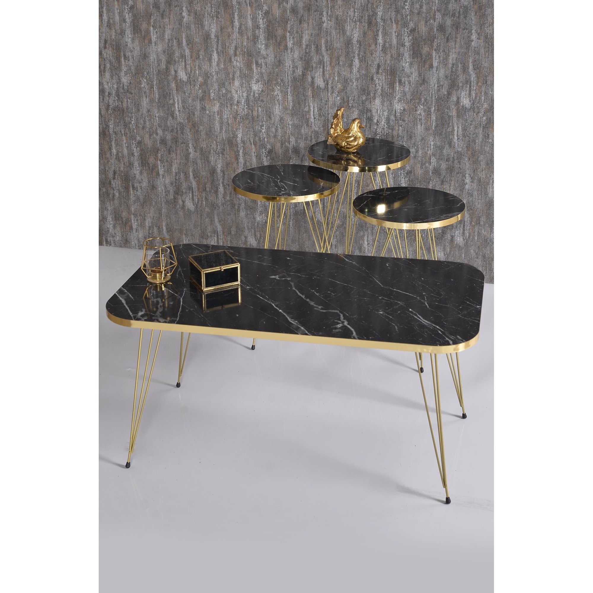 YES TO DECOR 4 PCS, Rectangular Coffee Table Set of 3 Modern Round Nesting Coffee Black Marble Table Set (Set of 4) Top Metal Legs 3 Table Set – Black Goldy Nesting nique Shapes, Luxury Geometric Design, Glossy Finish, Durable Living Room Furniture