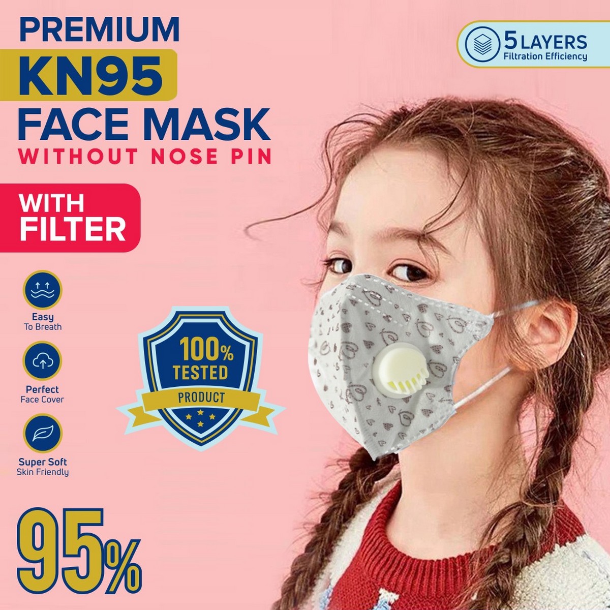 Kn95 Kids Mask With Filter | Mask For Kids Kn 95 5 Layers Face Mask With Melt Blown Layer | Reusable Face Mask N95 Mask (standard) | Kids Face Mask L Light Grey Color L Kids Fashion Mask