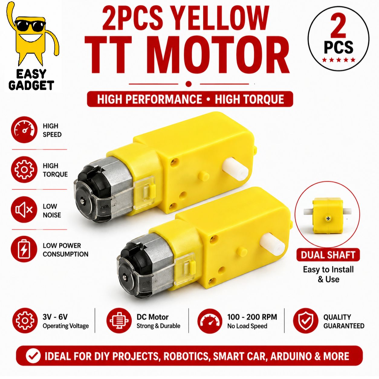 2Pcs Double Shaft 5v Yellow TT Motor DC Robot Gear Motor for DIY Projects 5V | 180RPM