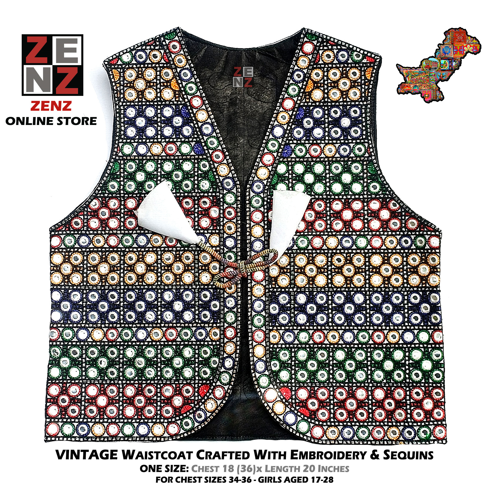 Pakistani Sindhi Balochi Pathan Kashmiri Traditional & Cultural Wear Waistcoat Koti Aari Embroidered Multicolor by ZENZ