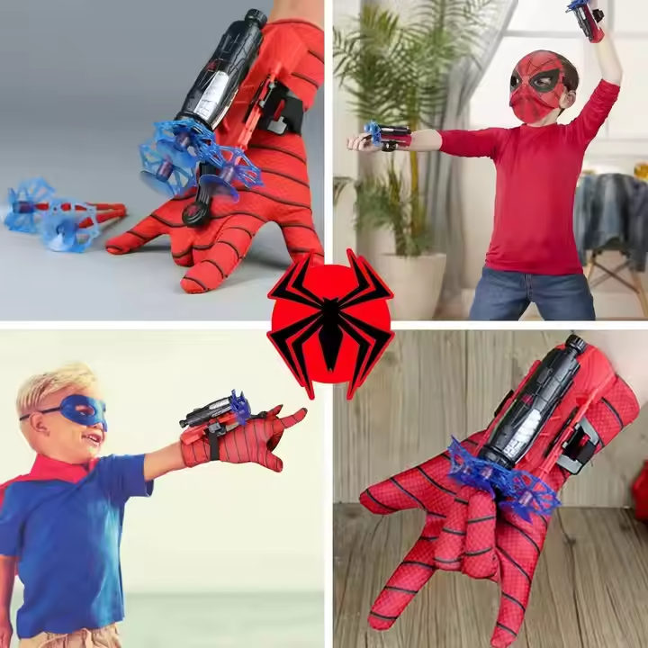 spiderman web launcher, spider web toy, superhero costume accessory, kids role play toy, spider web glove, action pretend play toy, web string spray toy, superhero glove for boys