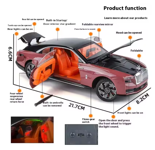 1:24 Rolls Royce Spectre Alloy Diecast Car Model – Sound & Light, 5 Doors Open, Luxury Collectible Toy Car for Kids & Gifts view 8