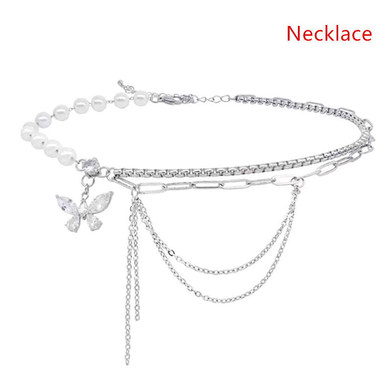 Shiny Crystal Butterfly Necklace Exquisite Multilayer Pearl Clavicle