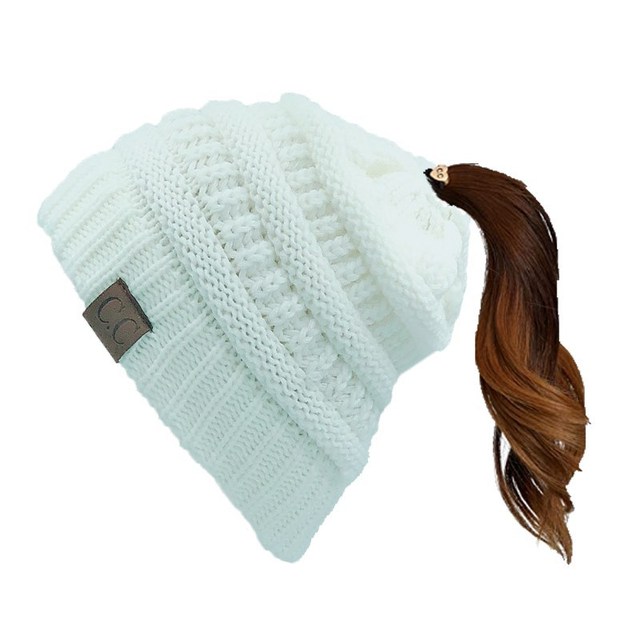 Gravity Threads Soft Cable Knit High Ponytail Winter Beanie