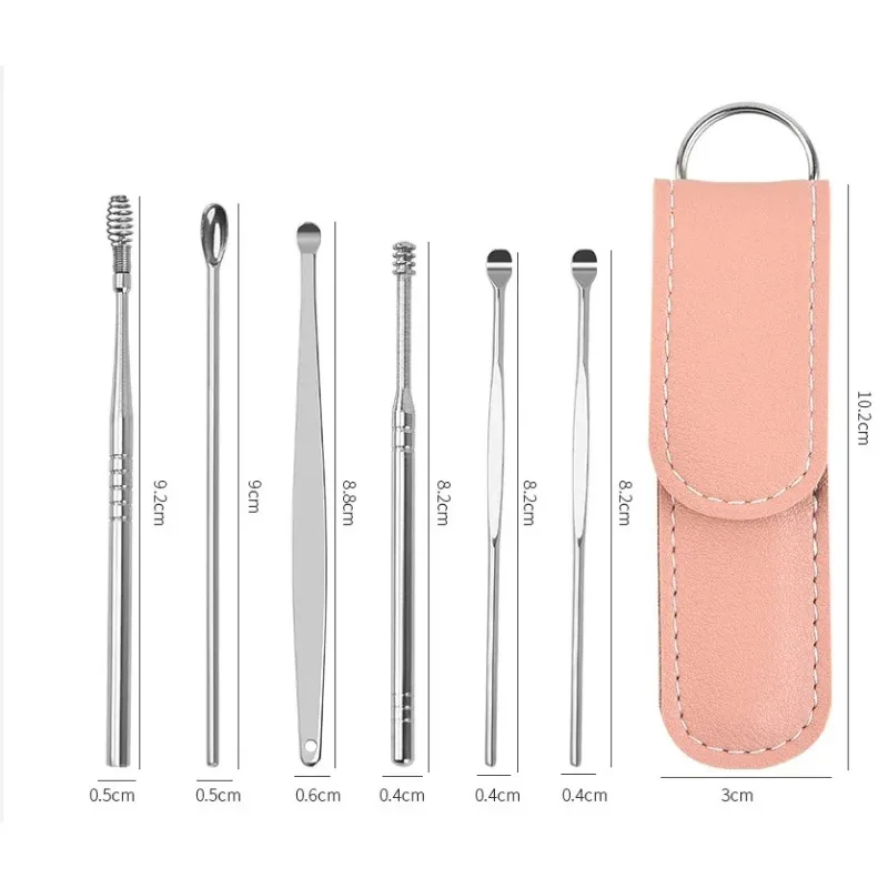 Professional 6 Pcs Stainless Steel Ear Wax Removal Kit, Reusable Ear Pick Tools, Spiral & Spring Earwax Extractor for Adults & Children, Portable Ear Hygiene Tool Set with Storage Bag, Non-Slip & Safe Design
