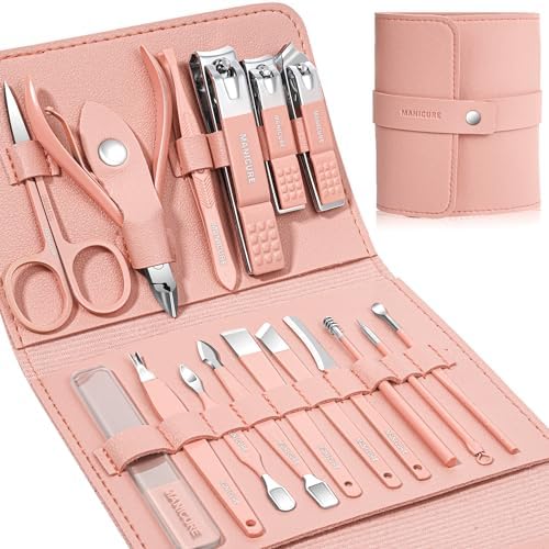 16 PCS Manicure Pedicure Set Stainless Steel Nail Cutter Kit with Leather Case | Professional Nail Clipper Grooming Kit for Men Women | Portable Nail Care Cuticle Trimmer Set