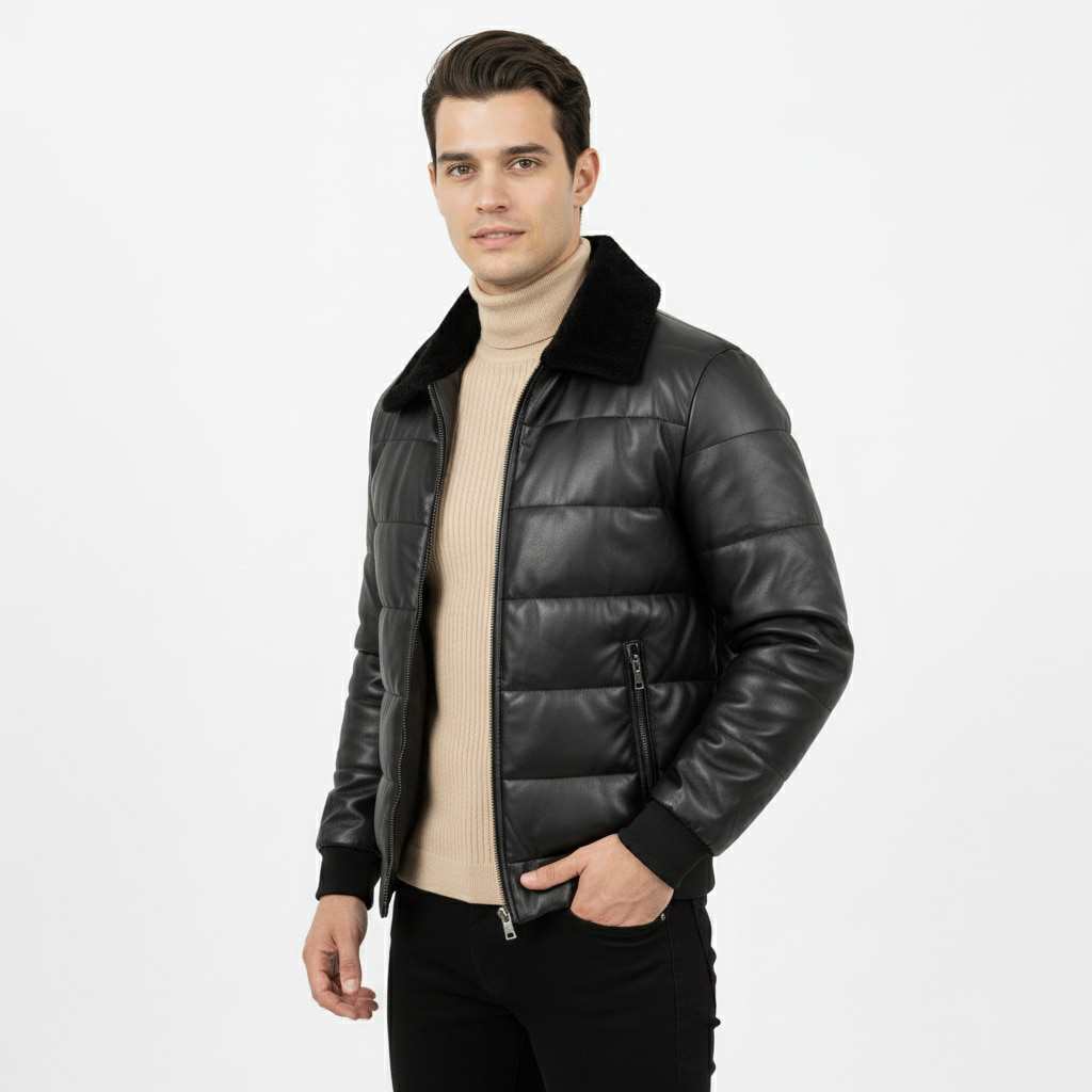 Men's Black Faux Leather Puffer Jacket with Fur Collar - Stylish Winter Bomber