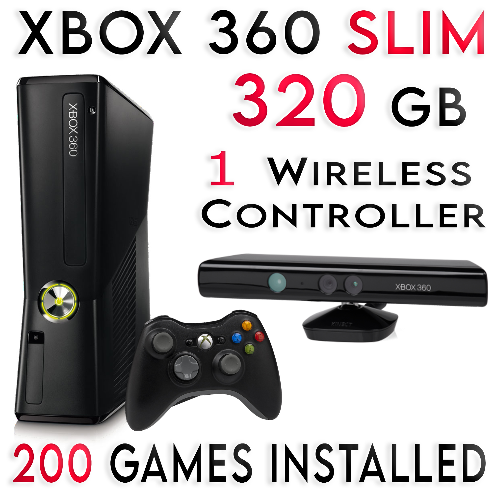 Xbox 360 Slim 320GB, 500GB, 1TB 200 400 Games Installed 2 Wireless
