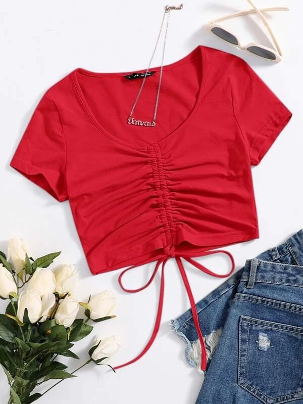 Women's Solid Drawstring Ruched Tee – Stylish and Trendy Cotton Blend (S-XL)