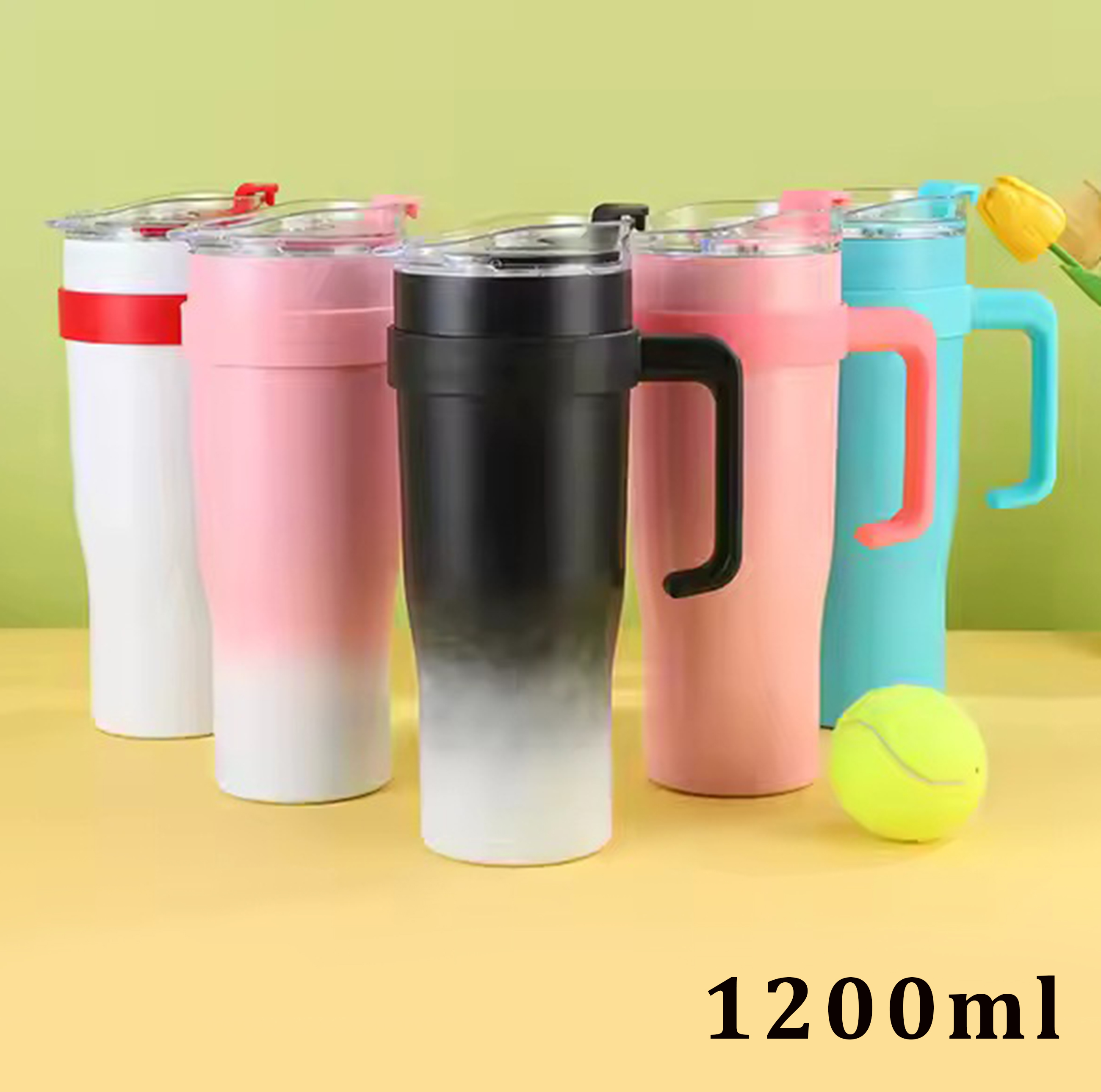 Imported 1200ml Stainless Steel Tumbler with Handle and Straw for Hot & Cold Drinks 40oz - Vacuum Insulated Steel 304 Quencher Cup - Large Capacity Drinkware Water Bottle Thermos - New Style Tumbler, Coffee Mug, Travel Cup for Travel, Sports, Office, Kids