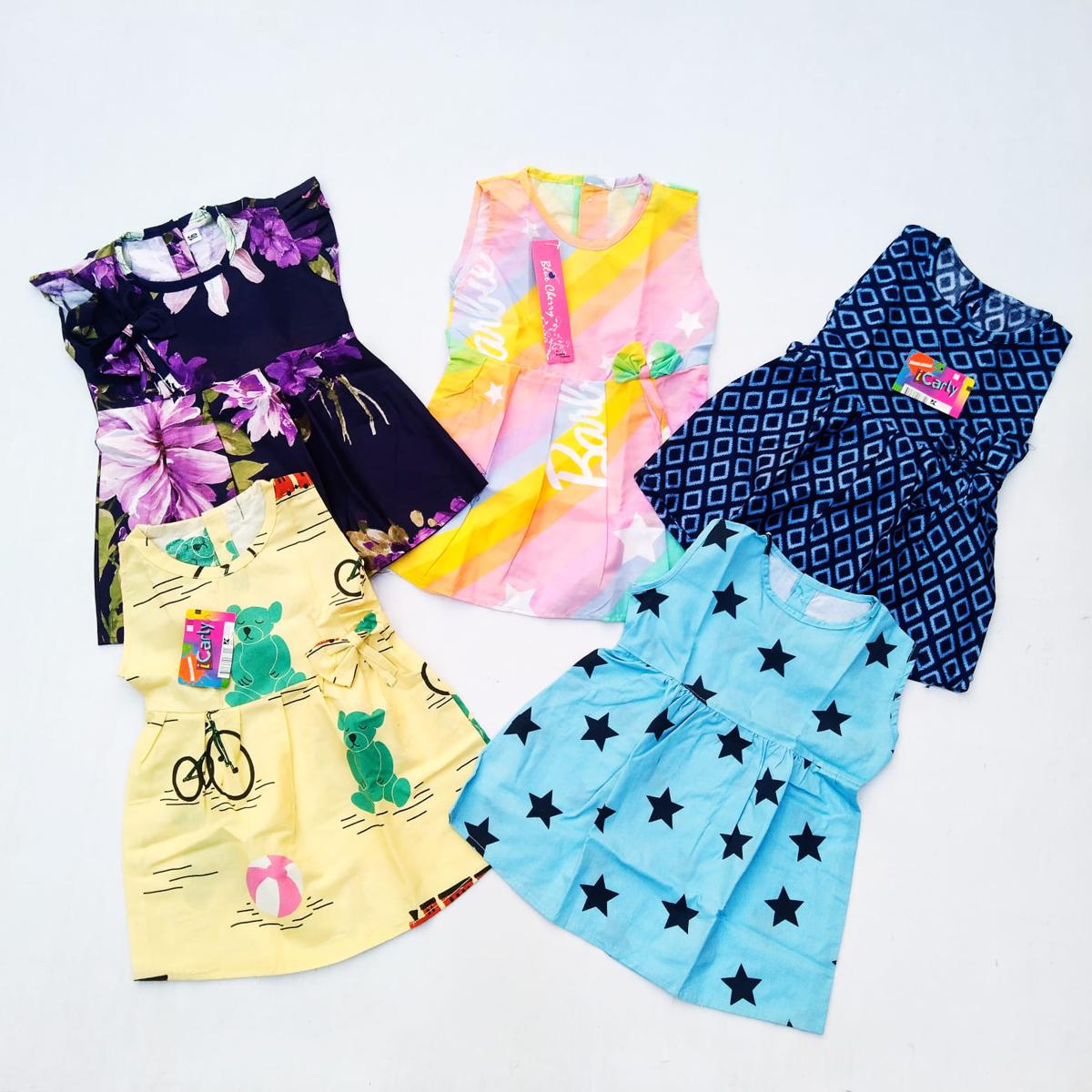 Pack Of 5 Multi-Color Printed Cotton Frock For Girls (Random Design)