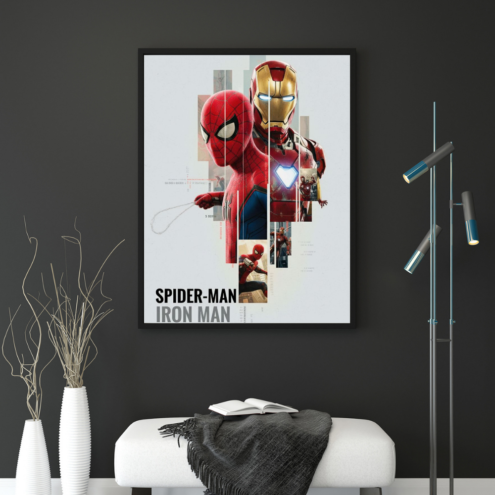 Premium Crystal Wooden Frame Iron Man & Spider-Man White Poster Art | Marvel Superhero Duo Minimalist Aesthetic Wall Decor | Avengers Artwork | Kids Room & Gaming Room Decoration Gift