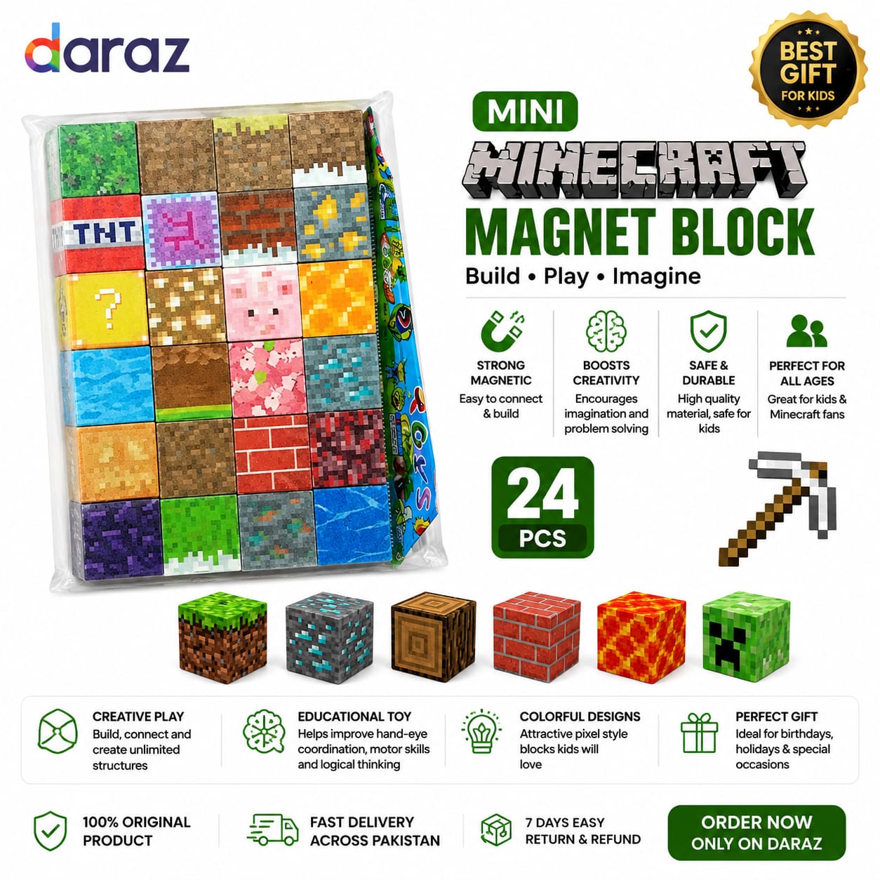 Mini Minecraft Magnet Block 24 PCS | Magnetic Building Block Set | Educational STEM Construction Toy | Creative Magnetic Cubes for Kids | Birthday Gift for Boys & Girls