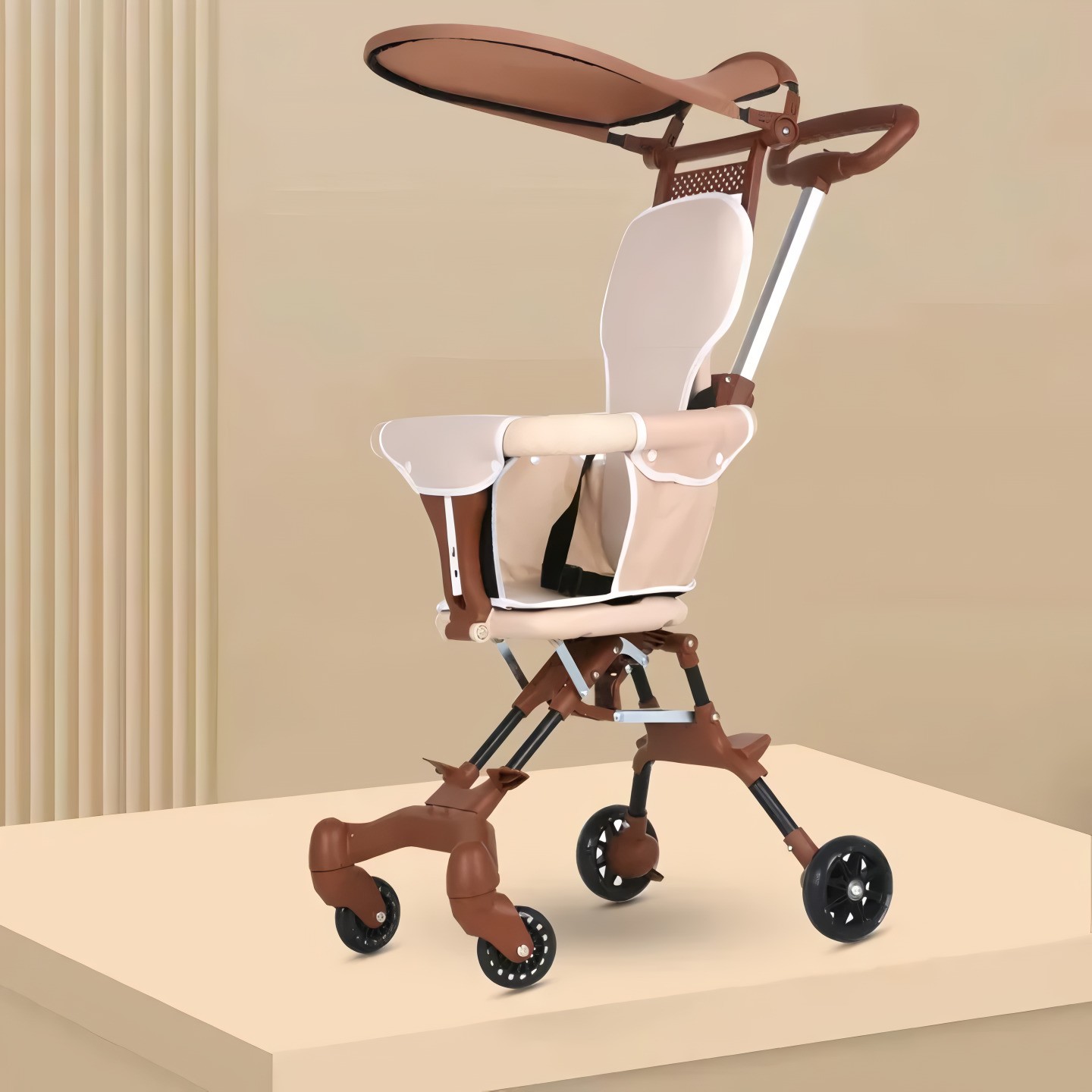 Two-Way Push Compact Stroller, 4-Wheel Anti-Rollover Baby Buggy with Adjustable Canopy, Easy Folding Lightweight Toddler Stroller