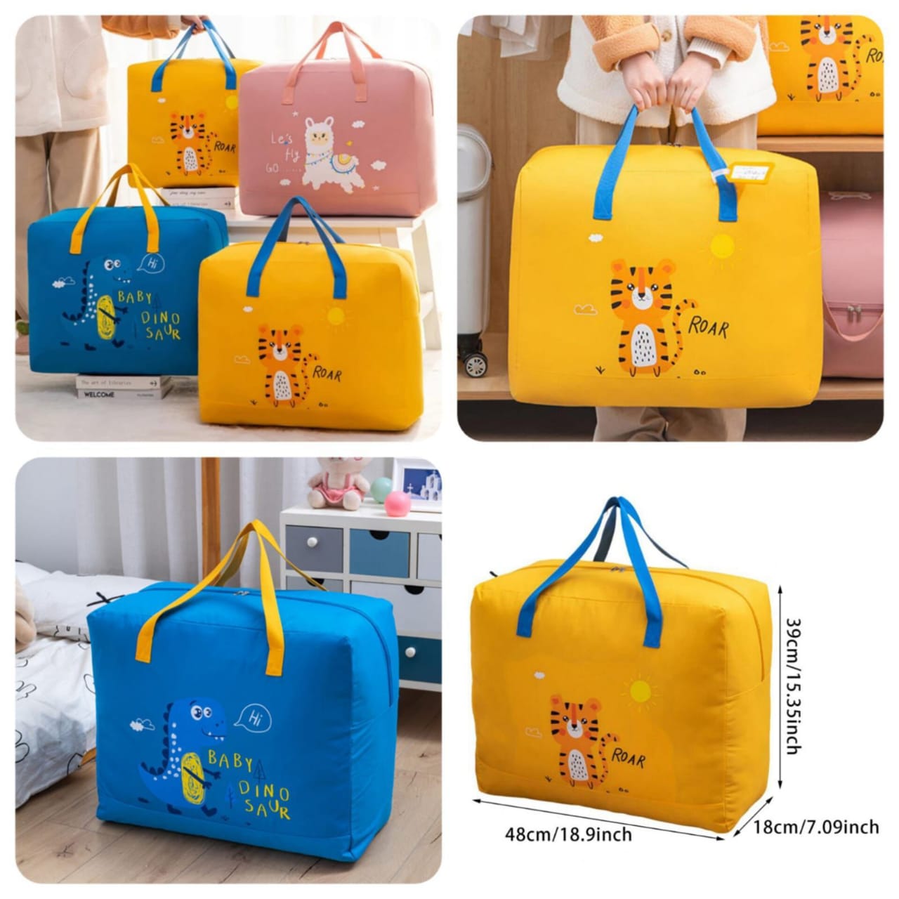Women Handbags Luggage Foldable, Dino Storage Organizer Bag, Cartoon Pattern Double Zipper Quilt, Bedsheet, Blanket Storage Box