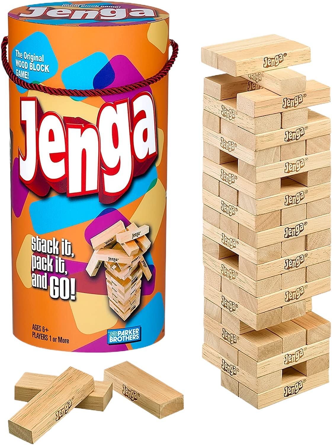 Hasbro Gaming Jenga Tower Wooden Blocks Game -  Classic Jenga with Numbers Wood Toy For Kids and Family - Jenga Kids & Adults Wooden Block Game