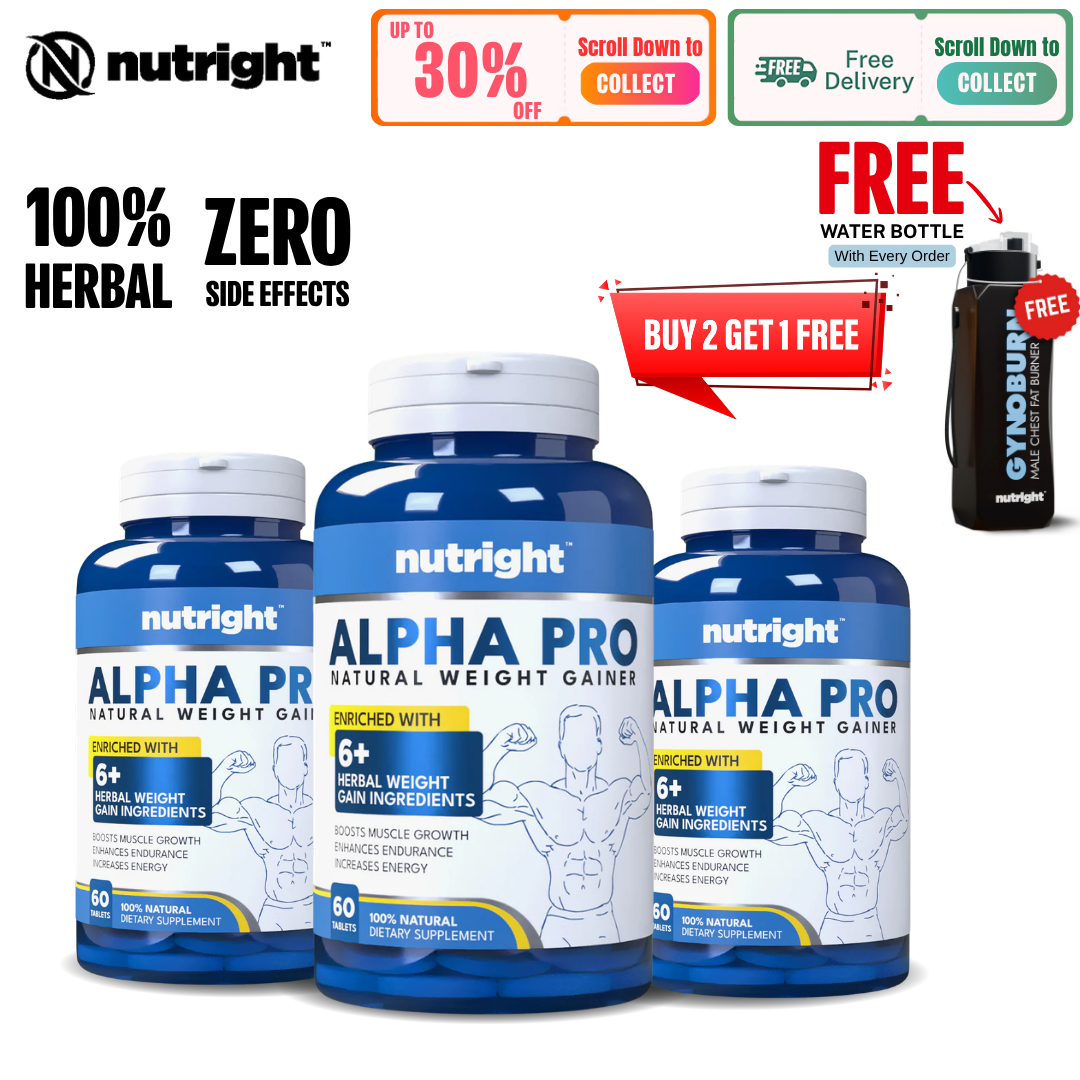 Nutright | Alpha Pro | Buy 2 Get 1 FREE | Natural Weight Gainer - For Men & Women | 100% Original | Naturally Supports Healthy Weight & Muscle Gain | Boosts Appetite and Improves Digestion | 100% Herbal Formula | DRAP Approved | 60 Tablets.