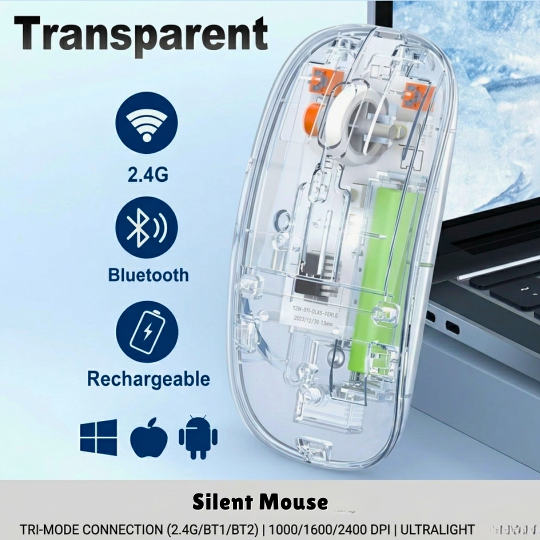 RGB Wireless Mouse Transparent | Dual Mode Bluetooth & 2.4G Rechargeable Slim Silent Optical Office Mouse | 7 Color LED Gaming Mice For PC Laptop Computer
