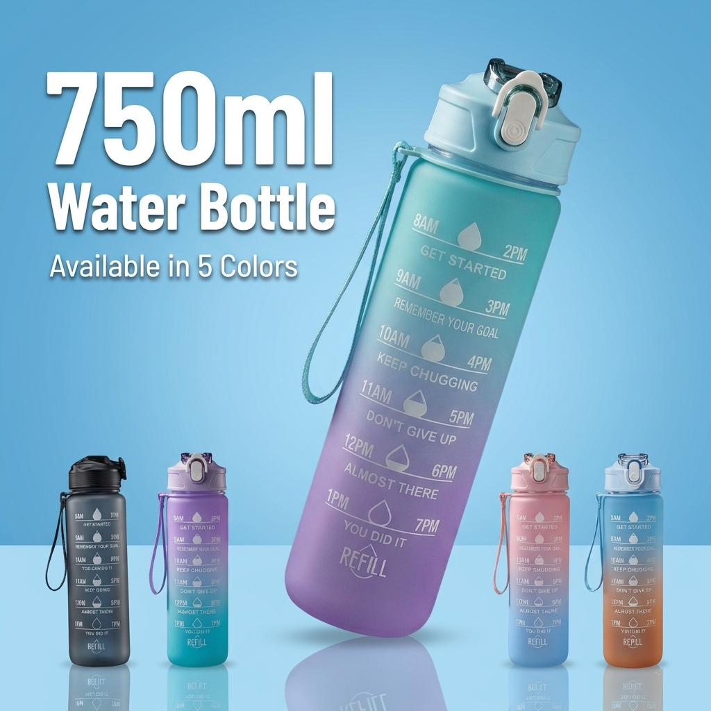 750ML Water Bottle – Leakproof BPA-Free Plastic Drinking Bottle for Boys & Girls, Lightweight Portable School Bottle, Multi-Color Stylish Design, Durable Travel & Picnic Hydration Bottle for Daily Use, Office & Outdoor Sports Use