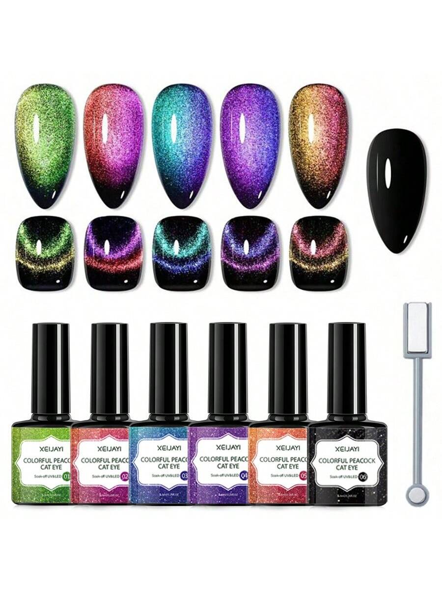 ✨ XEIJAYI 7Pcs Magnetic 8ML Cat Eye Gel Nail Polish Set | 6 Color Peacock Glitter Gel Polish with Magnetic Stick | UV/LED Soak Off Nail Art Gel