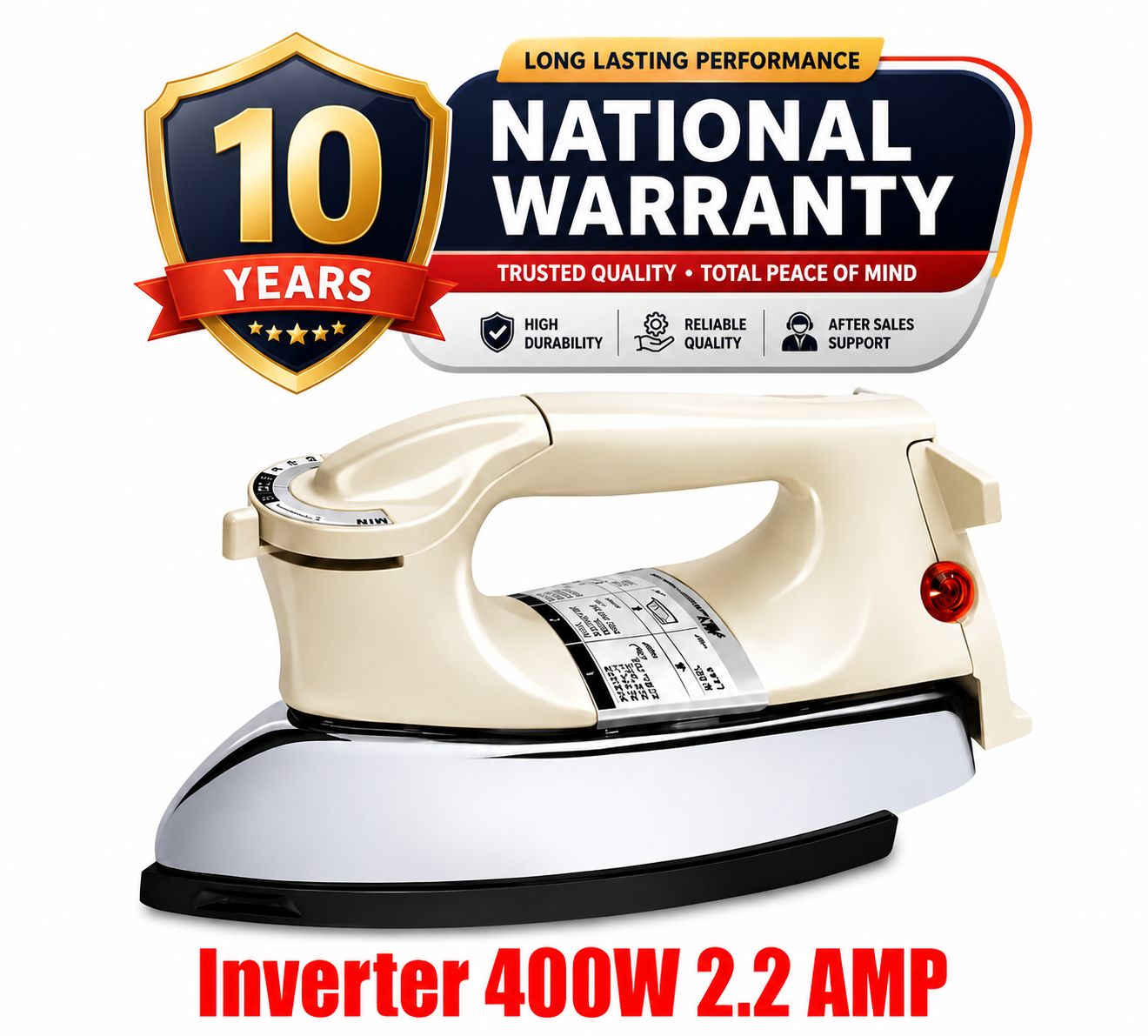 Inverter iron 400 watt 2.2amp energy consumption, 5 year warranty, heavy weight weight dry iron