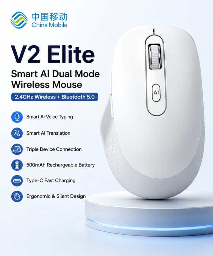 China Mobile V2 Elite Smart Ai  intelligent Rechargeable Dual Mode Mouse Wireless 2.4Ghz and 2 Bluetooth 5.0, Type-C Charging, 5 Buttons, 800 / 1200 / 1600/2400/3200/4000 Dpi.