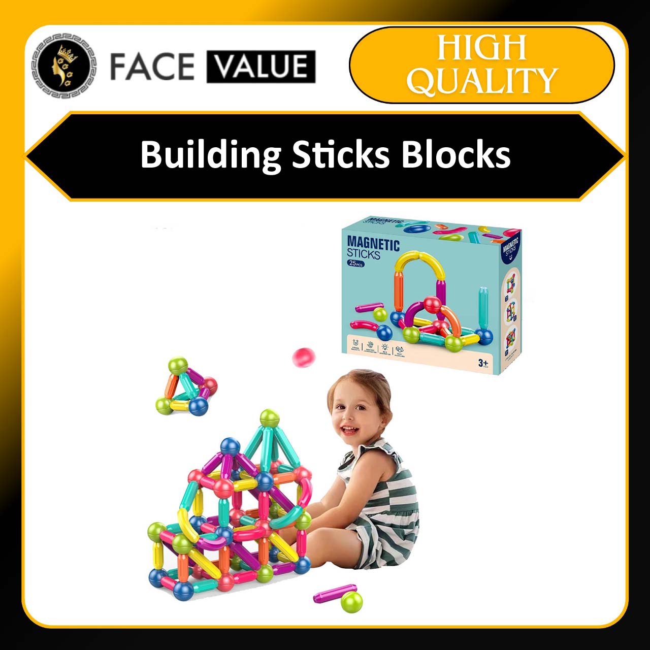 Face Value Magnetic Stick, Magnetic Balls and Rods Set, Building Sticks Blocks, Magnetic Blocks, STEM Stacking Magnetic Toys Magnet Educational Toys for Kids Boys and Girls (25PCS)