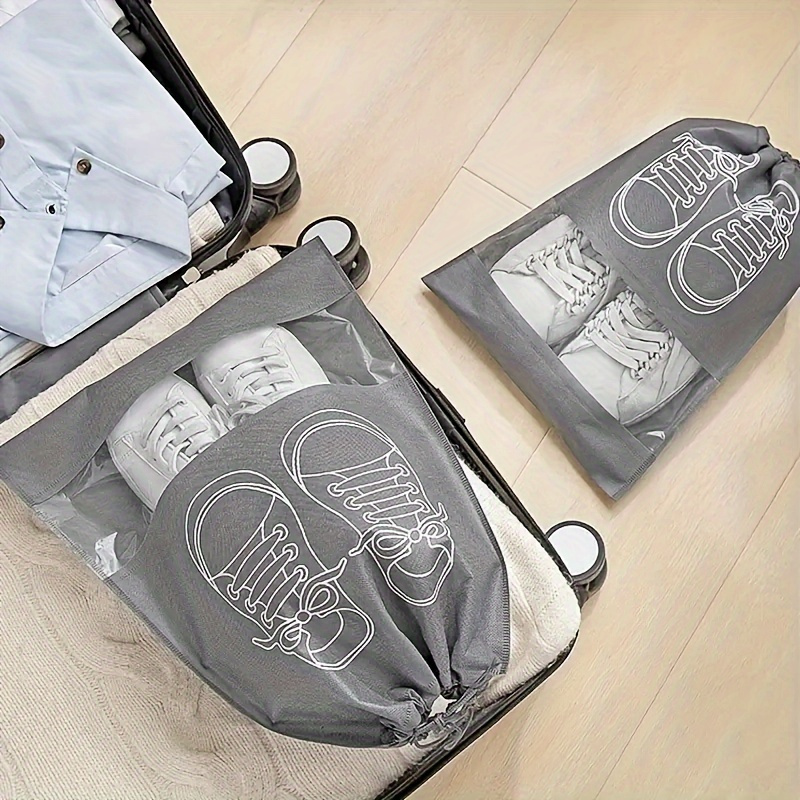 Printed Dustproof Shoe Organizer Travel Bag – Non-Woven Shoe Storage with PVC Clear Window & Rope Drawstring – Portable Luggage Shoe Pouch for Men & Women – Space-Saving, Lightweight Shoe Packaging for Home, Travel & Camping