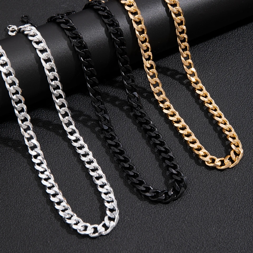 Pack of 3 Miami Cuban Curb Chain Necklace For Boys Stainless Steel Hip Hop Link Chain Black/Silver/ Golden Neck Choker Necklace For Men