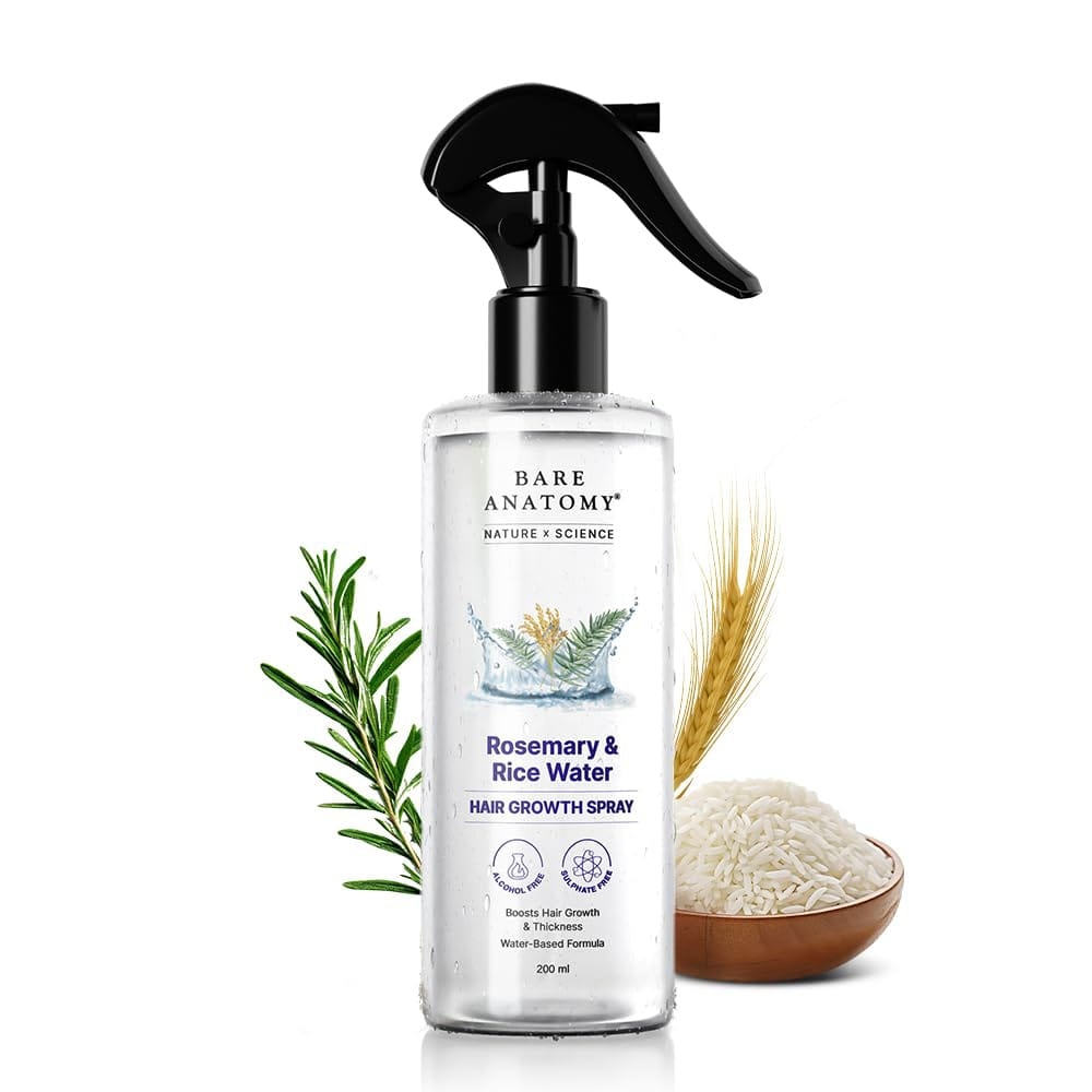 ✨ Bare Anatomy Rosemary & Rice Water Hair Spray | Hair Growth & Thickness Booster | Anti‑Frizz & Hair Fall Control | Dermat‑Verified Natural Formula | Fast Absorbing Non‑Greasy Mist (200ml)