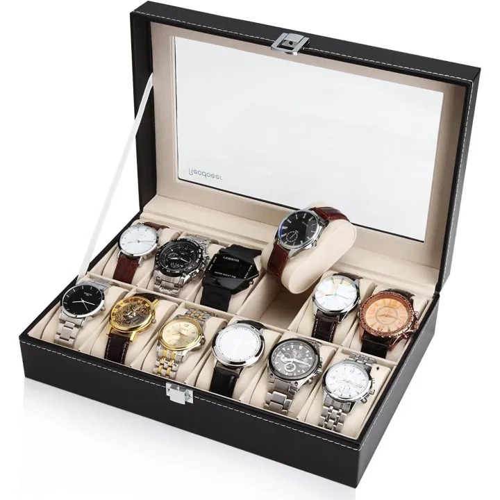 Watch Box for Men PU Leather Watch Organizer Storage Style Black Holds Up to 12 Watches