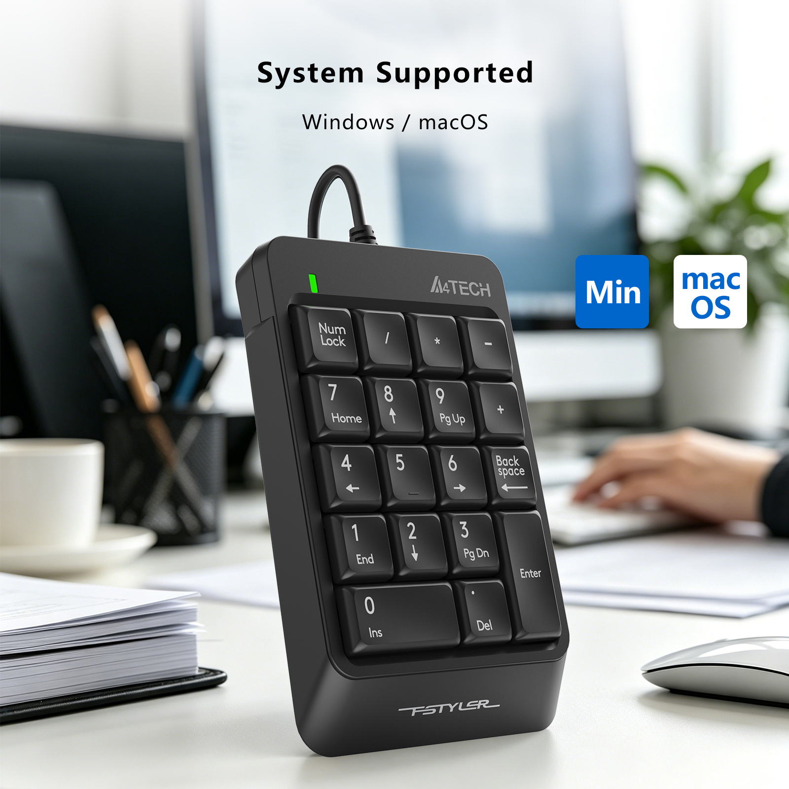 A4Tech FK13P FSTYLER Numeric Keypad - Sleek & Slim - Wired USB - Splash Resistant - Number pad for PC/Laptop - Black