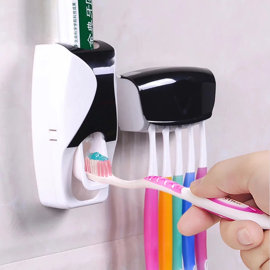 Automatic Toothpaste Dispenser Squeezing Device Wall Mount Dust-proof Toothbrush Holder Wall Mount Storage Rack Bathroom Accessories Set Squeezer