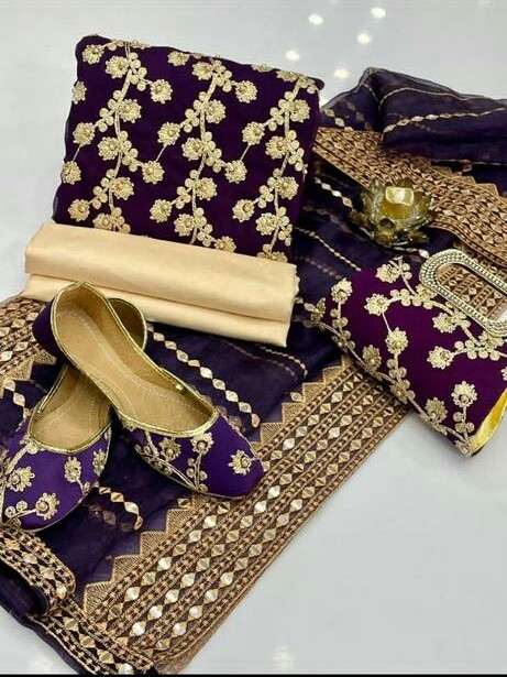 5 Piece Wedding wear Bridal Fancy unstitched Dress for Girls - Purple