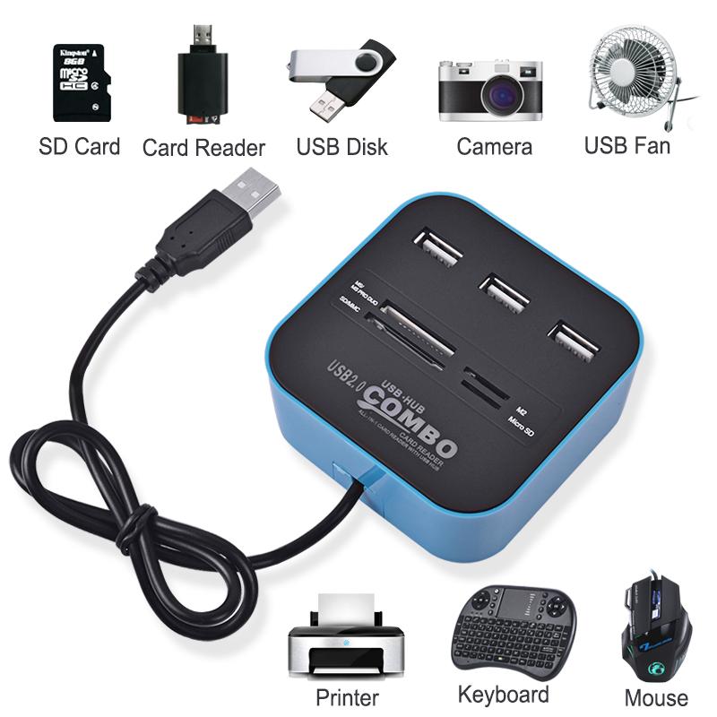 USB HUB2.0 Card Reader Multi USB Splitter Combo for PC Laptop Support Micro TF SD M2 MS SDHC MMC Card