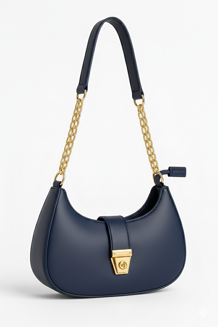Trendy Faux Leather Crescent Bag – Gold Chain & Turn-Lock