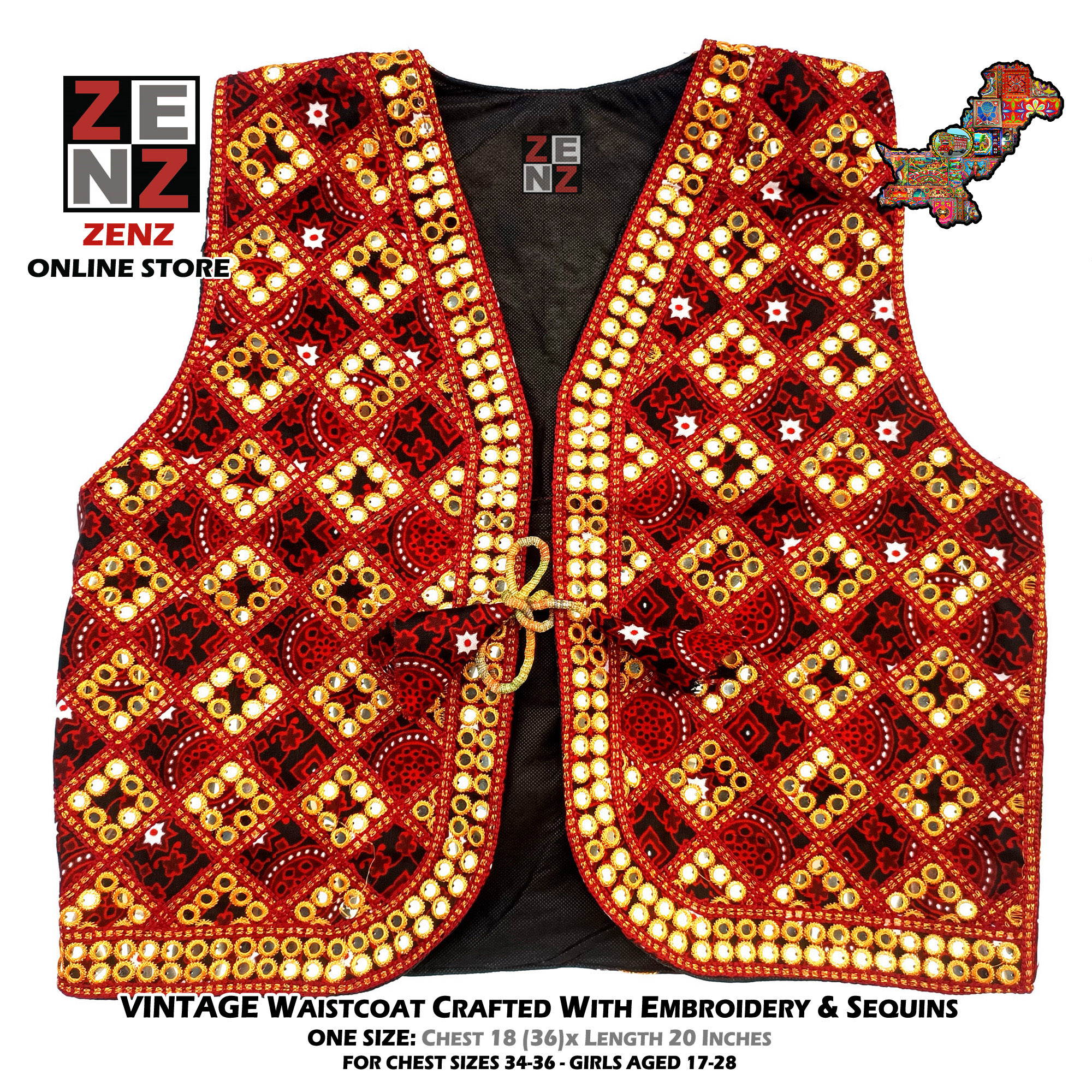 Sindhi Ajrakh Waist Coat Koti for Adult Females crafted with Embroidery & Reflective Sequins Pakistani Embroidered Tradition Wear Waistcoats
