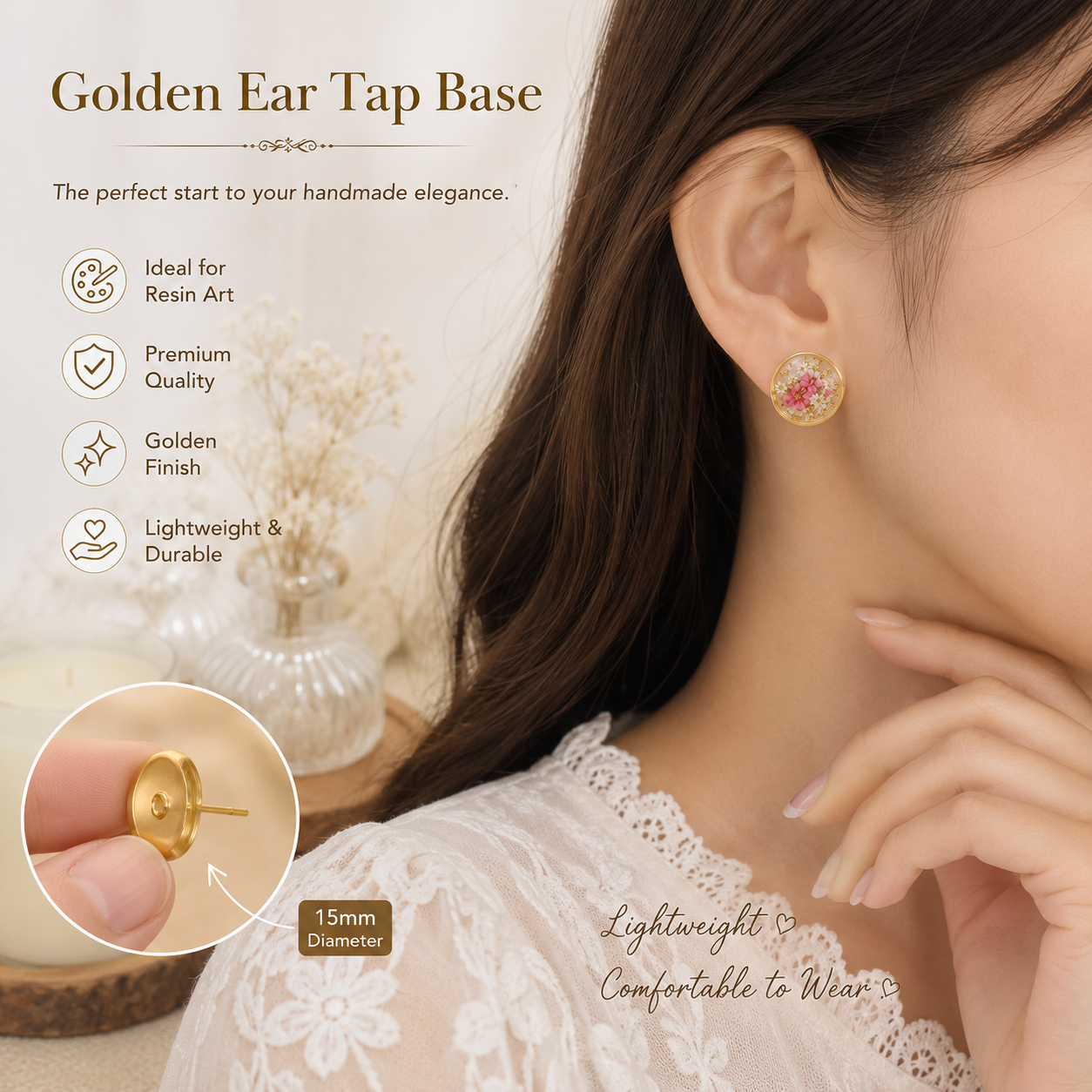 15mm Golden Earring Stud Base Tray | Resin Art Earrings Base | Stainless Steel Ear Stud Findings | DIY Jewelry Making Supplies | Round Cabochon Setting Blank | Golden Earring Post for Resin Craft