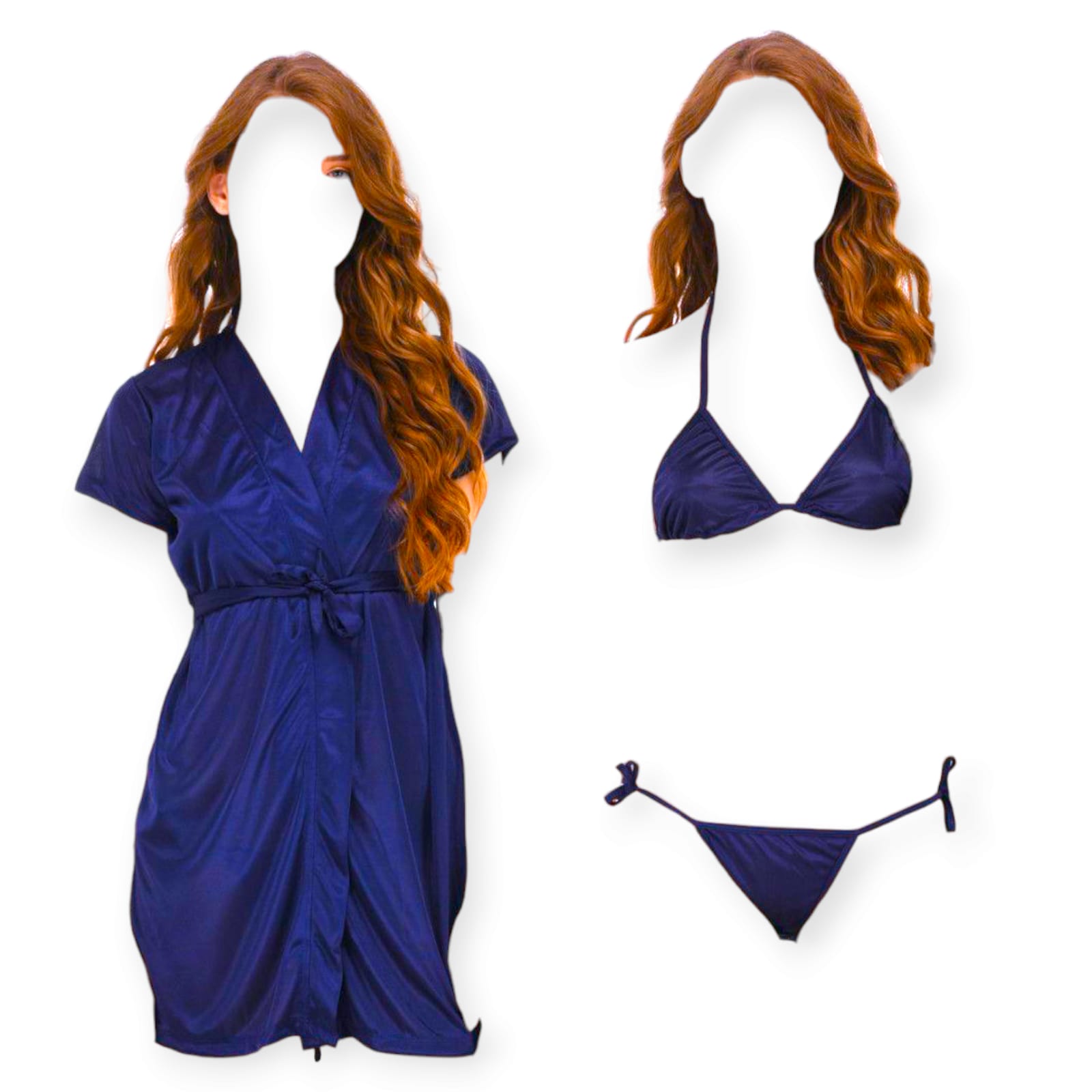 SW SILK WEAR- Women 3 Piece Nighty Sleepwear Silk Satin night dress Lingerie Set With Robe and Short Gown Bridal for Ladies and Girls for Night Wear and Parties Full Black Body Stocking for Free Bra BI-015