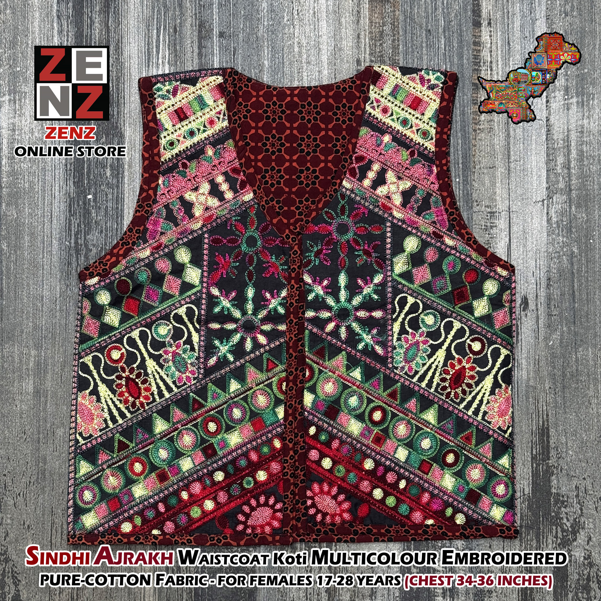 Sindhi Ajrak Traditional & Cultural Party Wear Embroidered Cotton Gilet Waistcoat Koti for Females Girls Women by ZENZ