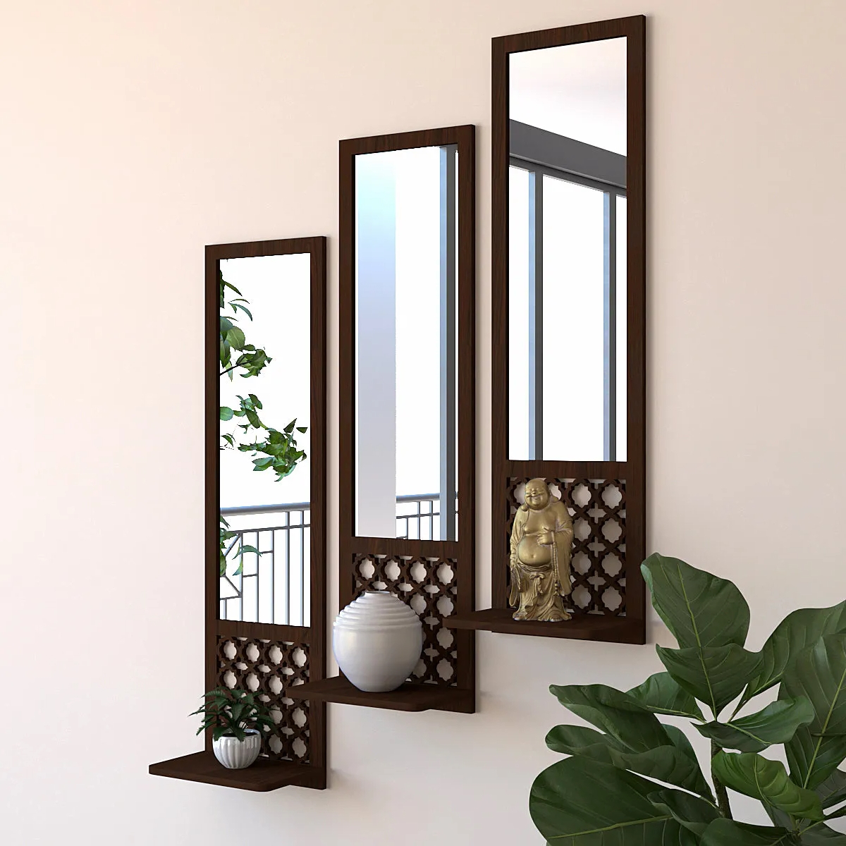 Mirror Shelf Wooden Pot Holder Home Office Wall Decor In Brown 1/3 Pcs Wooden Wall Mounted Pot Holder With acrylic Mirror