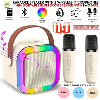 K12 Wireless Mic With Speaker - Single / Double RGB 7 Colour Dancing Light Karaoke Mic With Portable Bluetooth Microphone For Recording With Speaker For Music - 3 in 1 USB / AUX / SD Card Slot Karaoke Handheld Microphone - Black, Blue & Pink Colours price in Pakistan
