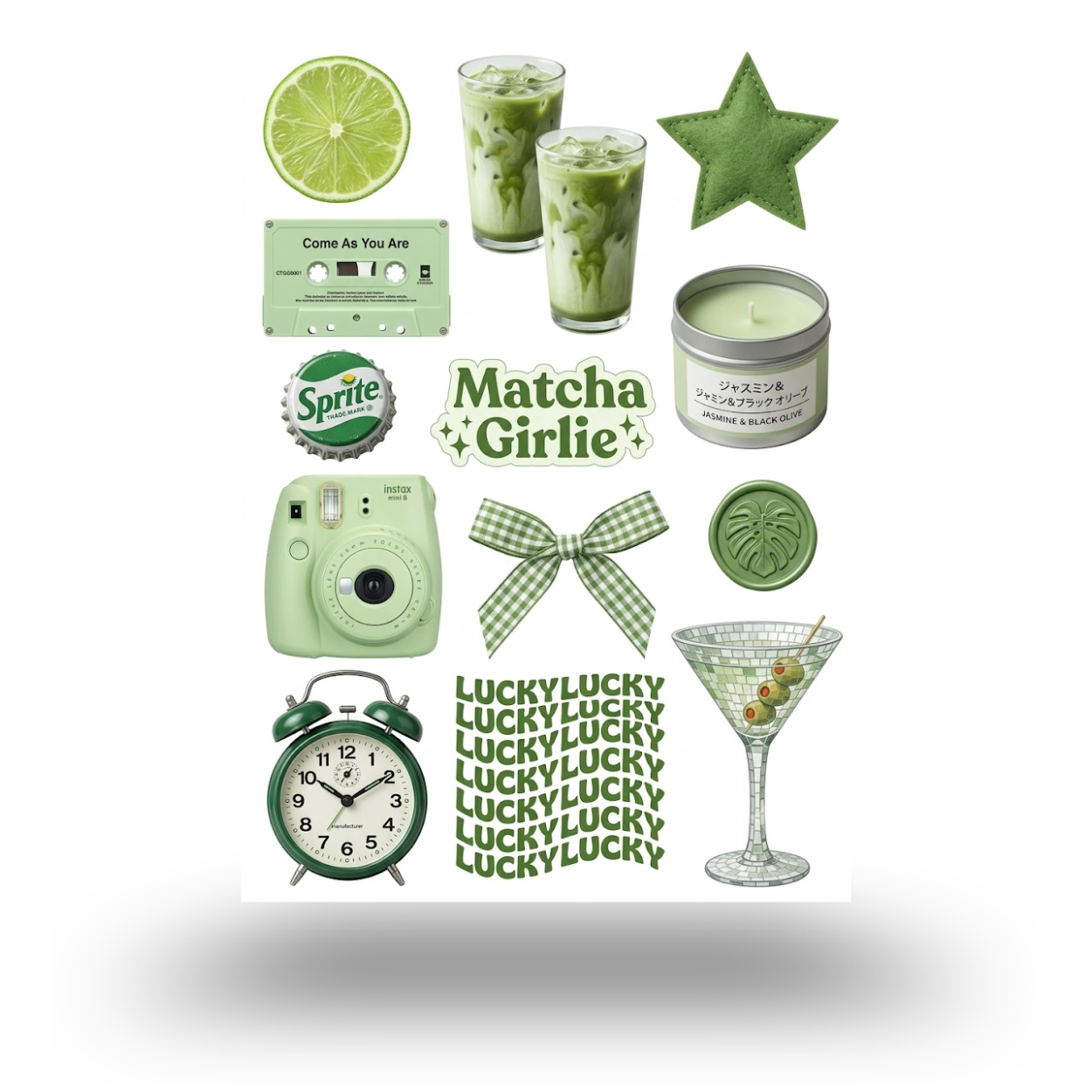 Green Aesthetic Matcha Girlie Sticker Sheet | Journal Aesthetic Stickers - Uncut and A6 Sized (10x15cm) Art for Laptops, Journals, and More - Express Yourself Creatively for Girls and Boys